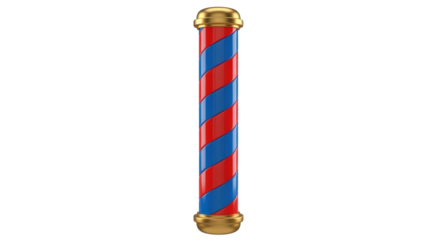 Isolated barber pole in red, white, and blue color spiral with golden decoration element