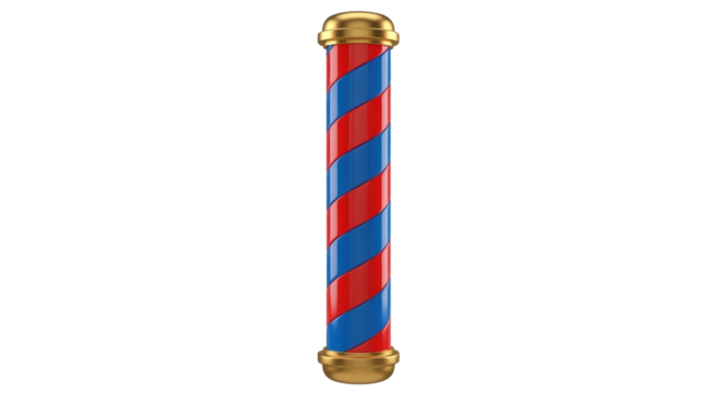 Isolated barber pole in red, white, and blue color spiral with golden decoration element