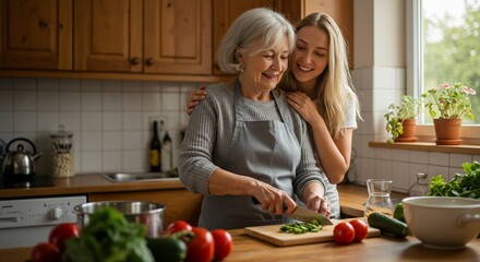 Senior woman and daughter cooking in kitchen