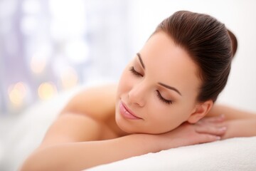 Fototapeta premium Relaxed young woman resting on massage table with serene expression, ideal for spa brochures, wellness retreat ads, beauty salon posters, and self-care campaign designs