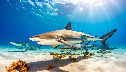 Fototapeta premium Sharks in shallow coral reef