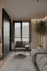 Contemporary living space showcasing a stylish armchair with a small side table holding a diffuser. The room features sleek design elements, large windows, and a decorative tree.