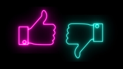 Neon pink and cyan thumbs up and thumbs down icons on a black background, representing approval and disapproval © Moynul Haque