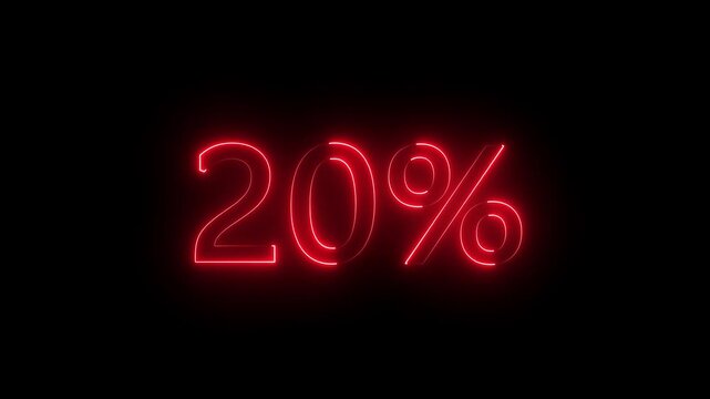 Neon glowing 20 percent sign on black background. Abstract 20% percent text neon animation, Neon percentage text sign with light effects. business offer, discount concept 4k video.
