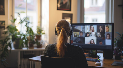 Rear view of a woman with headphones participating in an online group meeting at home. Multiple participants appear on the computer screen. Concept of remote work, virtual collaboration