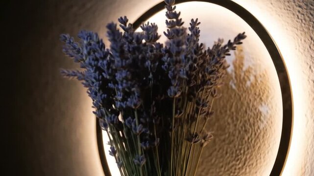 Lavender bundle illuminated by circular light fixture