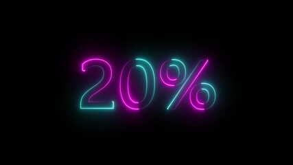 20% percent neon glowing sign Online shopping, discount and sale concept on black background 4k video text Animated. Glowing neon number 20 Percent Discount neon animation - Powered by Adobe