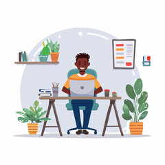 Fototapeta premium A cheerful African American man working from home on his laptop, surrounded by plants in a modern office