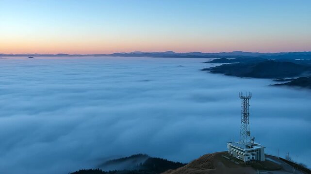 雲海に浮かぶ山頂通信タワーの景観
