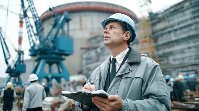 Diligent Supervisor Inspecting the Nuclear Plant: A focused supervisor, adorned in a safety helmet, meticulously reviews a checklist against the backdrop of a robust nuclear power plant.