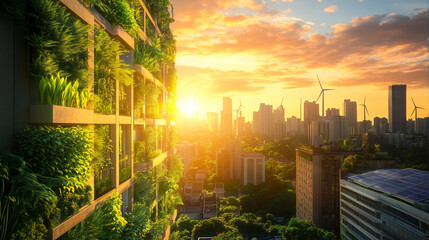 Modern eco-friendly city skyline with vertical gardens, smart buildings, and wind turbines at sunset. A vision of sustainable urban living powered by renewable energy and green innovation.