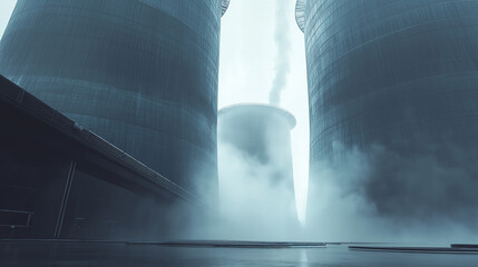 Dramatic industrial scene with large smoke stacks releasing emissions, pipes, and two silhouetted workers. Symbol of heavy manufacturing, environmental impact, and energy production.