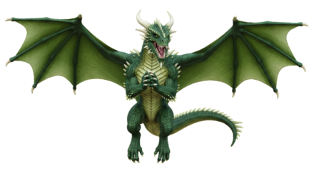 Isolated green dragon with wings out and claws interlocked, fearsome, fantasy creature