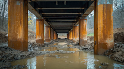 View under a rusty steel and concrete bridge with water flowing beneath, surrounded by colorful autumn forest. Industrial structure, corrosion, engineering, and nature contrast in one composition.