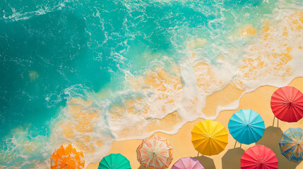 Aerial view of colorful beach umbrellas on golden sand with turquoise ocean waves rolling in. Vibrant summer holiday scene capturing the beauty of tropical beaches, relaxation,