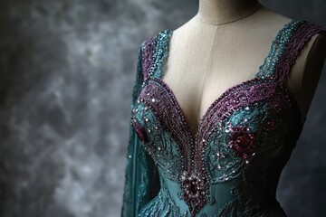 Elegant gown with a plunging neckline, intricate beadwork, and a color palette of teal, purple, and pink, displayed on a mannequin.