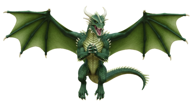Isolated green dragon with wings out and claws interlocked, fearsome, fantasy creature