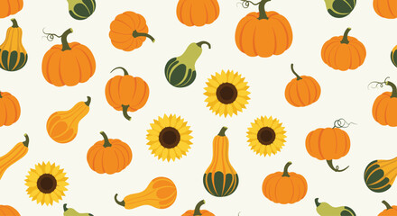 Autumn harvest of pumpkins and sunflowers seamless pattern.