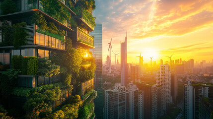 Modern eco-friendly city skyline with vertical gardens, smart buildings, and wind turbines at sunset. A vision of sustainable urban living powered by renewable energy and green innovation.