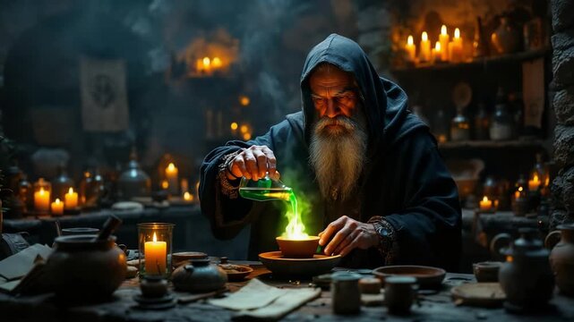 An elderly alchemist mixes a potion in a dim workshop with artifacts