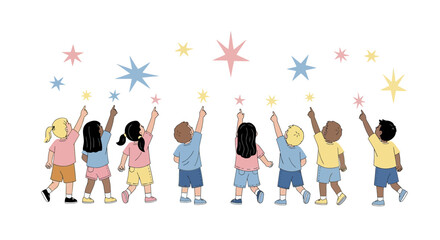 Fototapeta premium Children Gaze At The Sky, Pointing Upwards Toward Celestial Bodies And Dreamlike Light