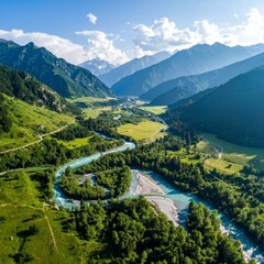 Drone view of mountains with winding river