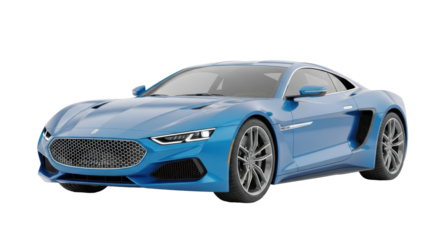 Isolated azure sports car on seamless backdrop with aerodynamic design, powerful stance