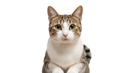 Isolated Tabby Cat with Green Eyes Staring Forward Calmly in Studio Shot with Soft Lighting