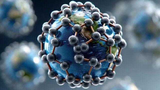 Global Connection: An artistic representation showcasing the Earth enclosed within a network of interconnected structures, symbolizing global unity and the interconnectedness of our planet.