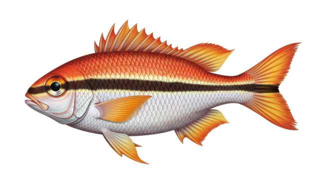 Isolated orange-striped fish illustration swimming predator with detailed scales & fins
