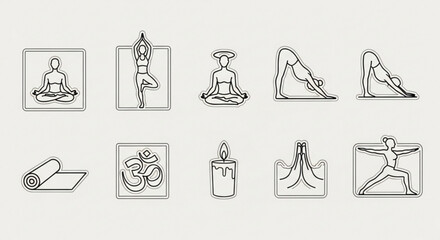 Collection of yoga icons, featuring poses, symbols, and elements related to yoga practice and mindfulness for wellness