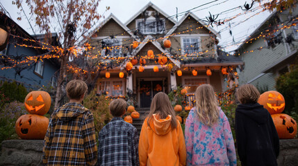 Halloween decorations residential neighborhood photography festive atmosphere back view community spirit