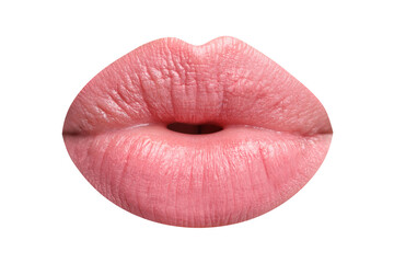 Female lips with pink lipstick isolated on white