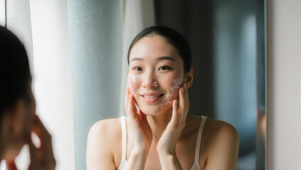 Fototapeta premium Young woman applying facial cleanser in mirror, gentle skincare routine with foam and glowing skin, relaxed morning self care smile