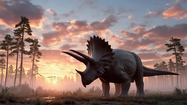 Triceratops at Sunset: A majestic triceratops stands amidst a primeval landscape under a sunset sky, creating a scene that evokes the grandeur and mystery of the prehistoric era.