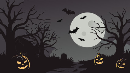 Spooky Halloween Night Background with Ghosts, Pumpkins, and Bats Vector