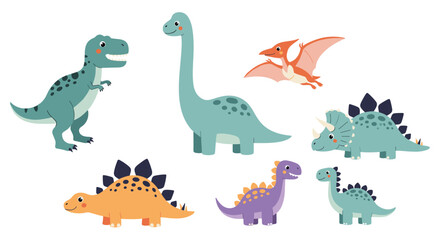 A colorful collection of cute cartoon dinosaurs in various poses.