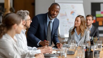 Strategic Meeting: A diverse group of business professionals collaborates in a productive boardroom session, captured in a professional, detailed photograph - Powered by Adobe