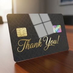 Hyperrealistic thank you card with elegant text on a beige background, placed on a wooden surface, perfect for gratitude messages, invitations, and corporate branding.