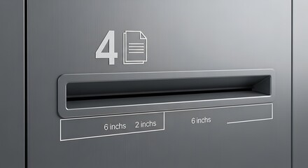 Close-up of a gray metal document slot with numbers and text.