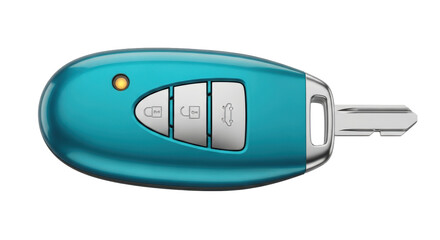 Isolated car key, teal plastic fob with chrome accents, car remote on a neutral studio surface