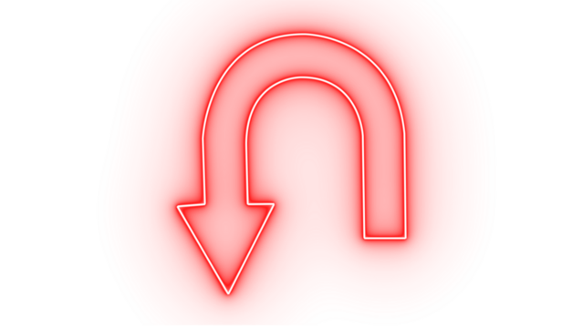 Red neon uturn arrow symbol isolated on transparent background