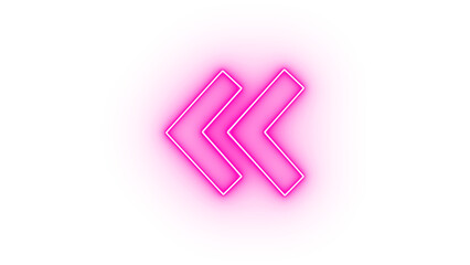 Pink neon double left arrow icon isolated on transparent background