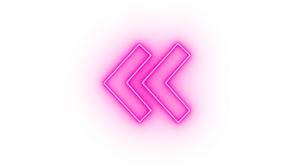 Pink neon double left arrow icon isolated on transparent background