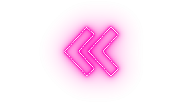 Pink neon double left arrow icon isolated on transparent background