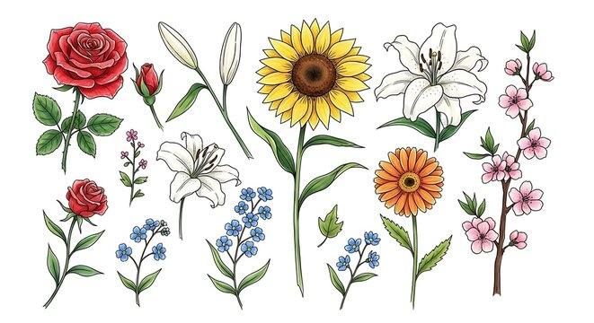 Collection of Botanical Illustrations Featuring Roses Lilies Sunflowers Gerbera Daisies. - Powered by Adobe