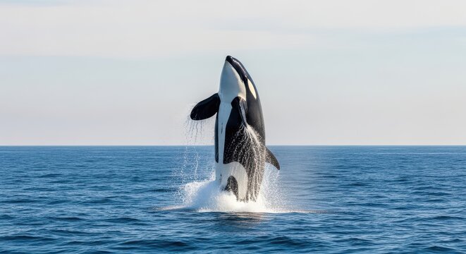 Orca whale breaching the ocean surface during daytime