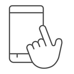 Cellphone upright with index finger of hand thin line icon, using phone concept, touchscreen smartphone sign on white background, outline style icon for mobile and web design. Vector graphics.