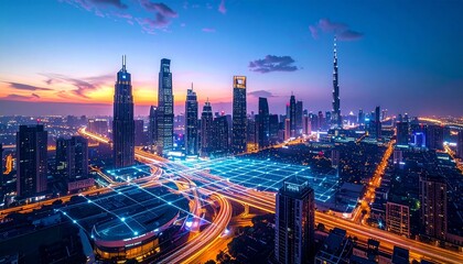 A futuristic cityscape at dusk—skyscrapers glowing, digital grid overlaying streets, central tower rising—evokes crafted vision, symbolic transformation, and the rhythm of urban intelligence and ambie