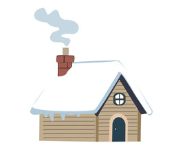 Collection of cozy Christmas house vector illustrations with snow roofs, pine trees, and smoking chimneys. Perfect for holiday cards, posters, prints, winter decorations, and festive seasonal designs.